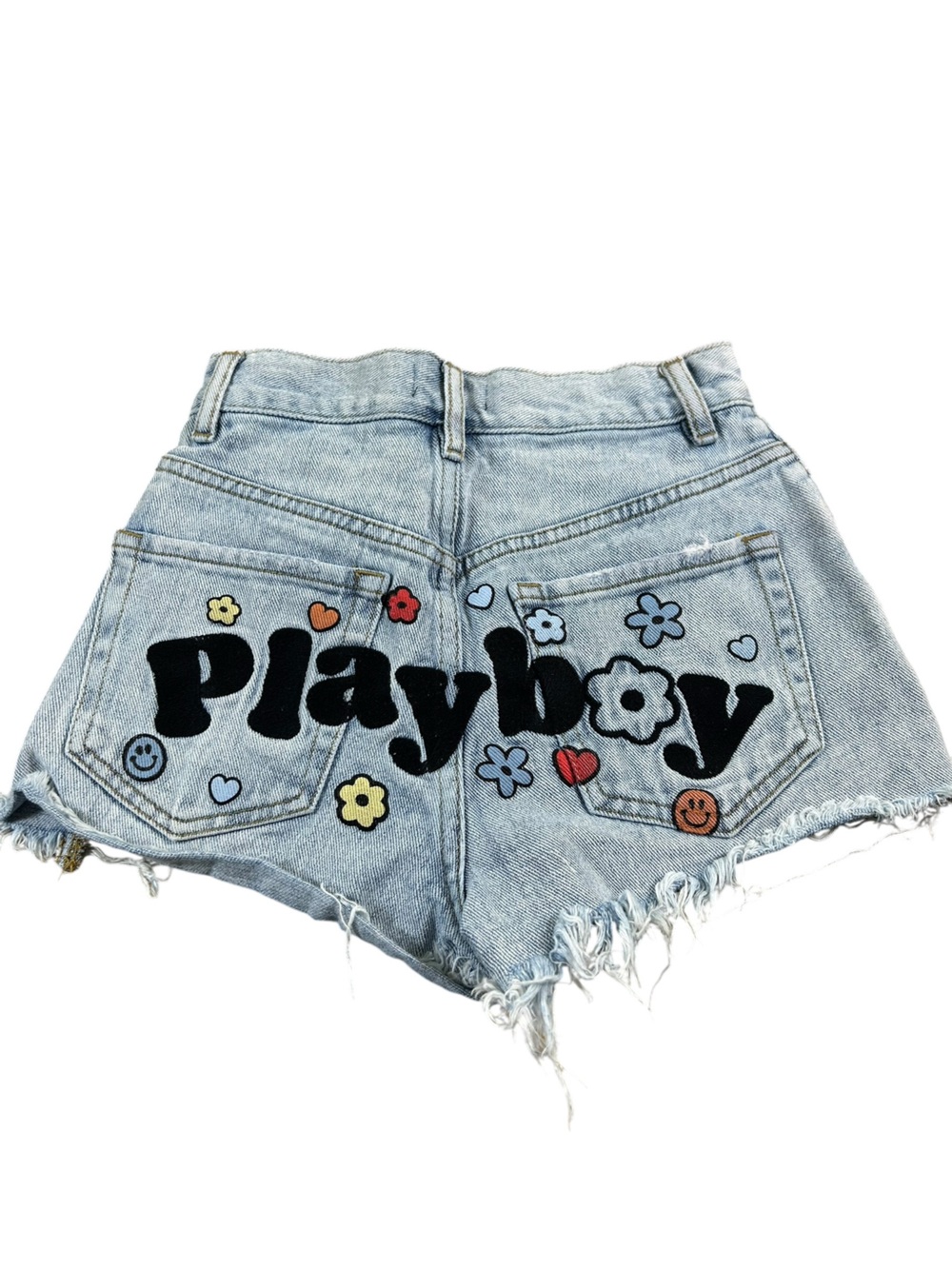 PLAYBOY x PACSUN Denim Festival Shorts Sz 22 Distressed Graphic Y2K Button Fly